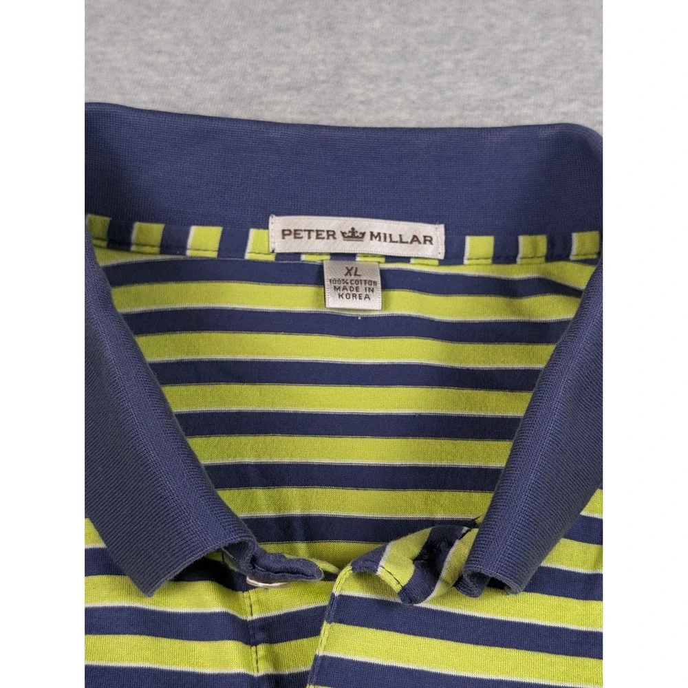 Peter Millar Mens XL Polo Shirt Green Navy Blue Striped Cotton MF16K03